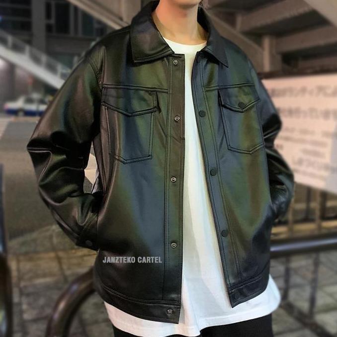 Jnk X Mario - Jaket Oversize Pria Kulit Sintetis Viena Big Size Kerah Blezer Kemeja Faux Synthetic L