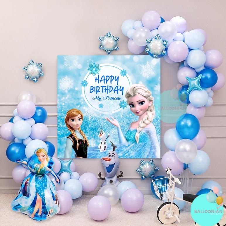 FROZEN BACKDROP GARLAND DEKORASI SET/DEKORASI ULANG TAHUN ANAK CEWE/BALON FOIL ELSA/SPANDUK HAPPY BI
