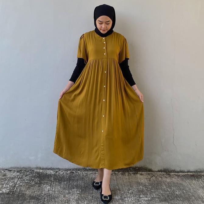 Lylaa Dress | Midi Dress Rayon Twill Lengan Pendek Simpel Adem Busui Friendly | Daster Busui Polos K