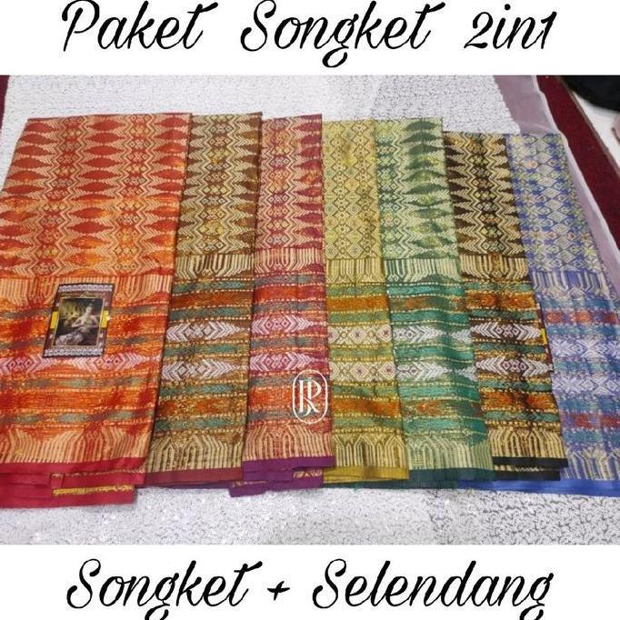 Kain Songket Tenun Thailand - Bahan Songket + Selendang - Songket Stelan Paket 2In1 Kain Dan Selenda