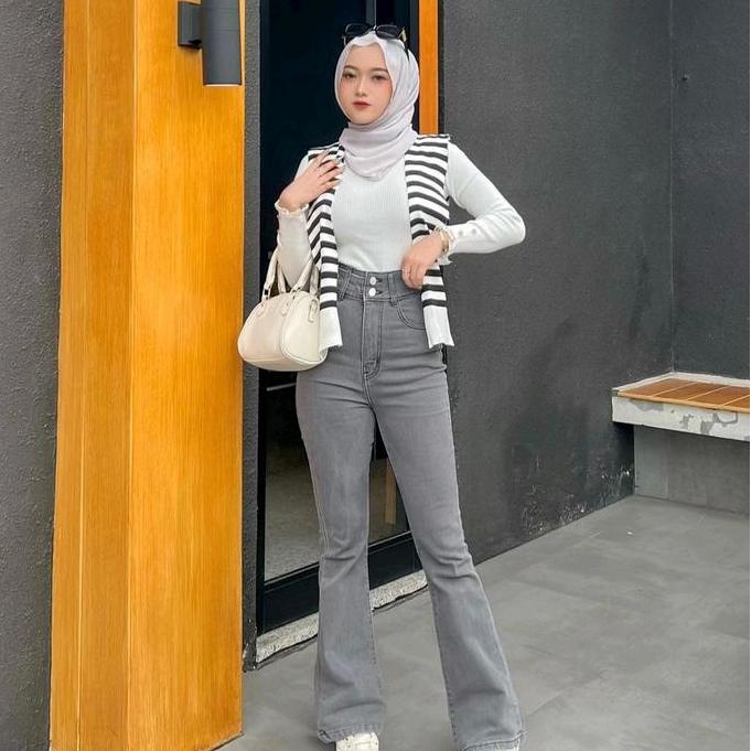 Celana Highwaist Cutbray Kancing 2 (Cky) Jeans Wanita Panjang Cewek Denim Skinny Karet Hitam