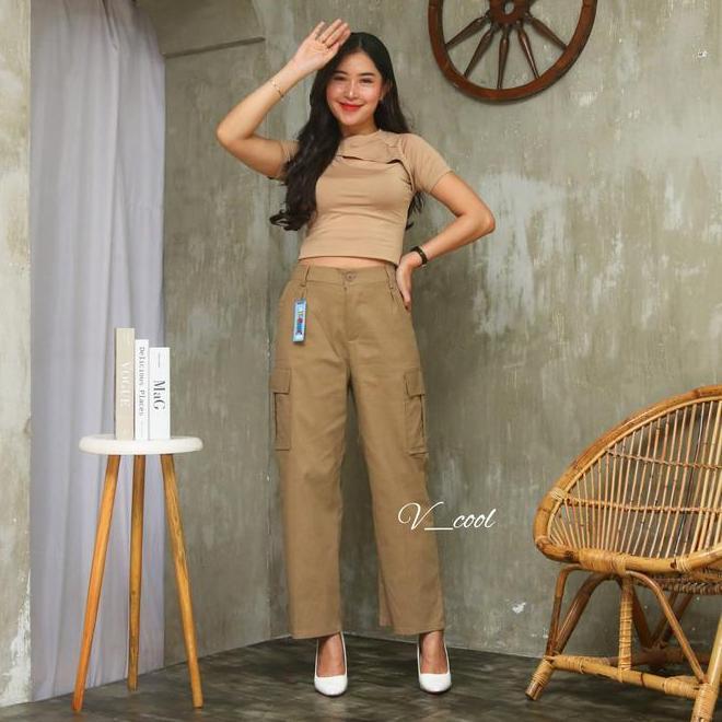 Celana Cargo Highwaist Twill Combed Stretch Wanita Kulot Panjang