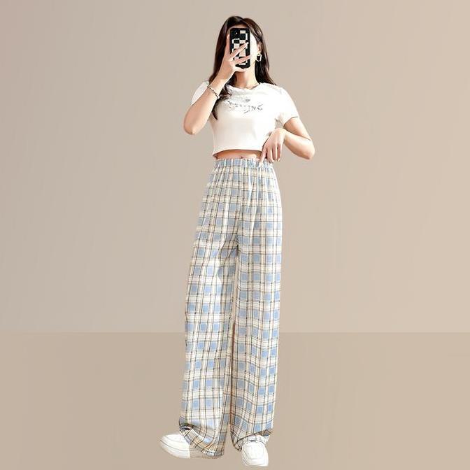 DR284 - Celana Kulot Panjang Wanita - Korean Style Tartan Kotak-Kotak, High Waist, Model Oversize un