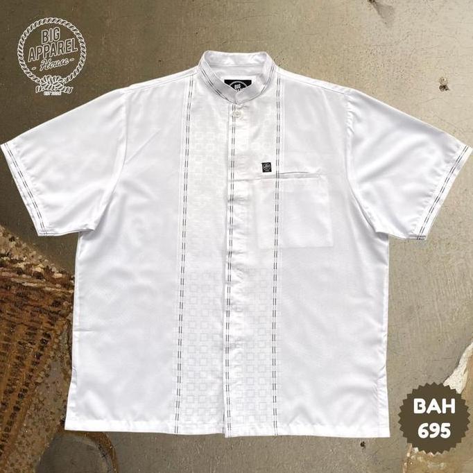 Kemeja Koko Jumbo Big Size Pria Laki Cowok Lengan Pendek Katun Madina Jacquard Off White kotak garis