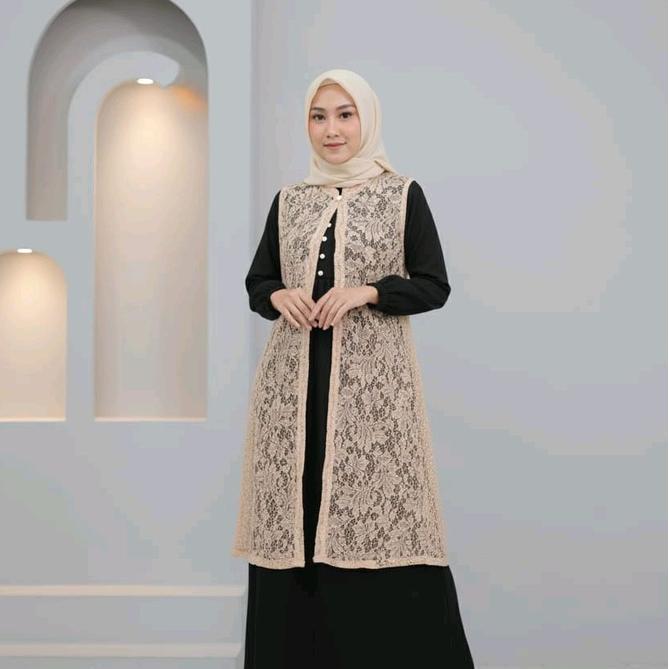 Cardigan Brukat Tanpa Lengan/ Outer Brokat Wanita Kekinian Rompi Panjang Hitam Atasan