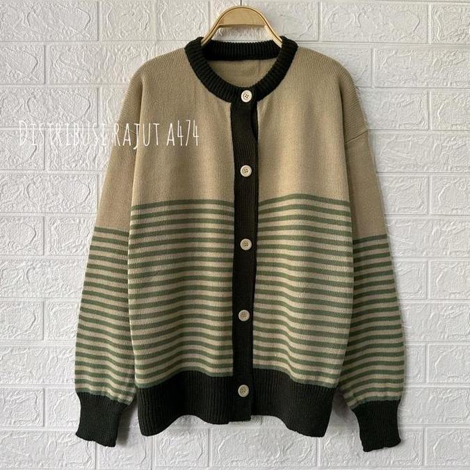 Nova Asilla  Outer Stripe Atasan Cardigan Rajut Korea Motif Blaster Kancing Wanita
