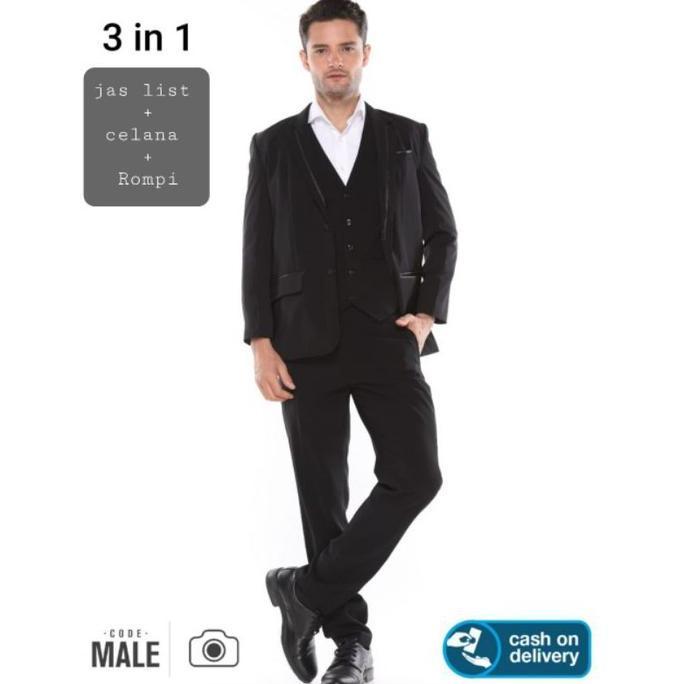 Code Male 3In1 Kombo Produk Jas Kerah List Kancing2, Celana Pria, Vest/Rompi Pria Hitam