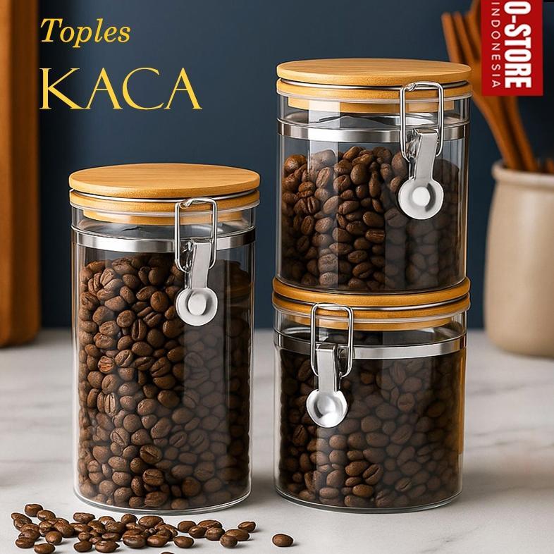 BANMOTSTORE Toples Kedap Udara Toples Kaca Dan Tutup Kayu Dan Seal Toples Kopi Gula Teh Coffee Canis