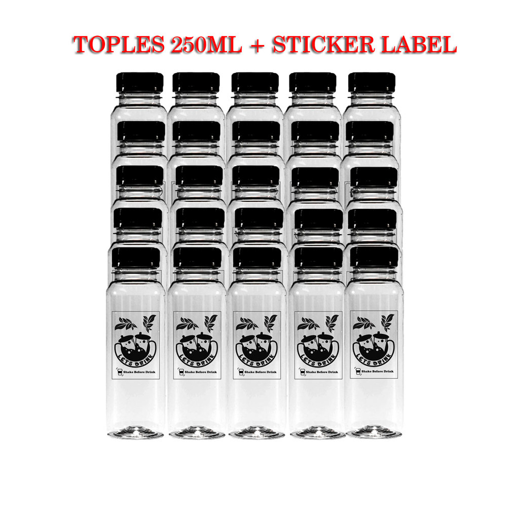 (Isi 25 Pcs) Botol Plastik 250Ml Almond SN Kemasan Minuman Set Sticker Label Minuman Bahan Vynil