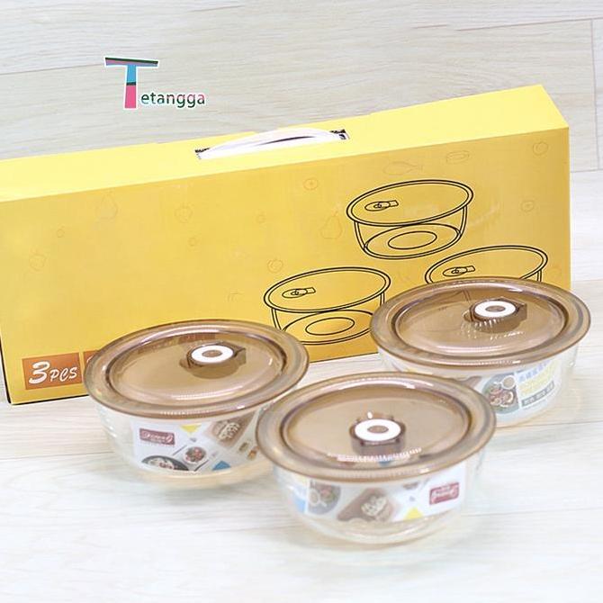 Set Mangkok Kaca Bowl Glass Kimglass  Crisper Kaca Kotak Makan Siang Tertutup Penutup / Paket kotak 