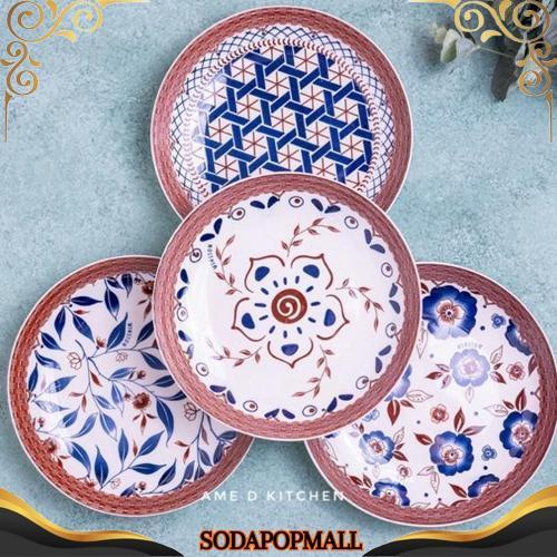 High Quality Piring Bijian Keramik Lauk 8" Motif Rotan Coklat