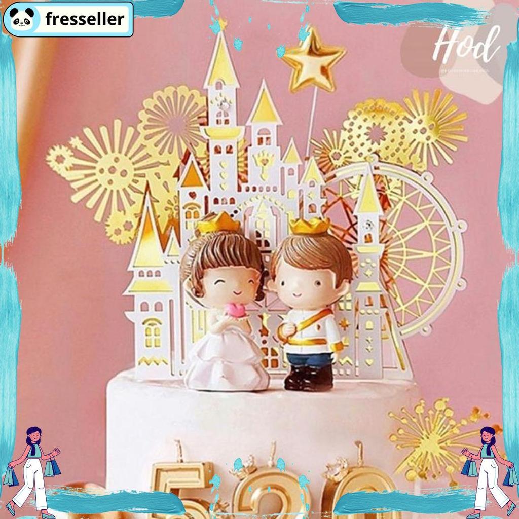 Cuci Gudang Topper Akrilik Castle Firework Ferris Wheel White Gold Kembang Api Bianglala Kastil Ista