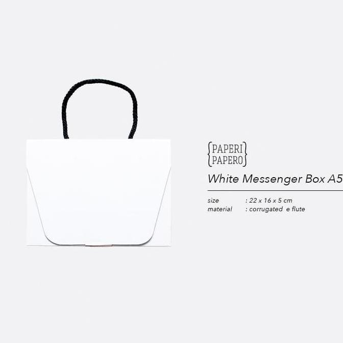 White Messenger Box A5 - Boks Hampers Souvenir Buku / Baju /Alat Tulis - Box Putih Tali Hitam