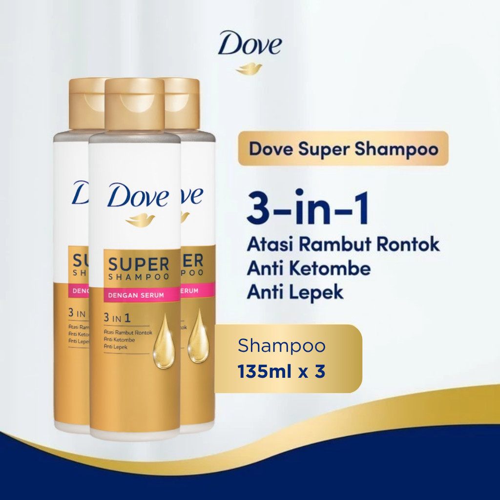 Dove Super Shampoo 3 in 1 135 mL x3 | Shampoo Anti Rambut Rontok dan Ketombe