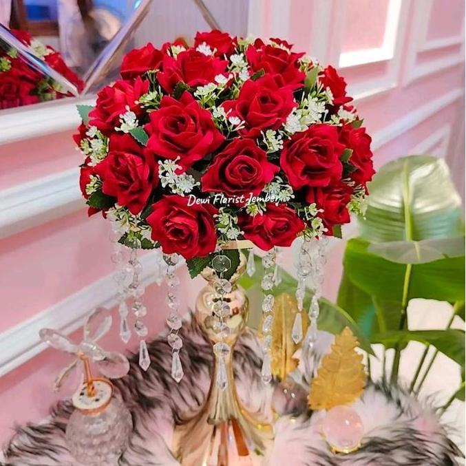 Bunga Mawar Vas Gold Kristal Dekorasi Ornamen Rumah CO