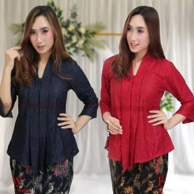 Atasan Kebaya Jumbo Ld 130 Kebaya Brokat Modern Floy Kartini Lengan 7/8 Mix Rok Plisket Qiana