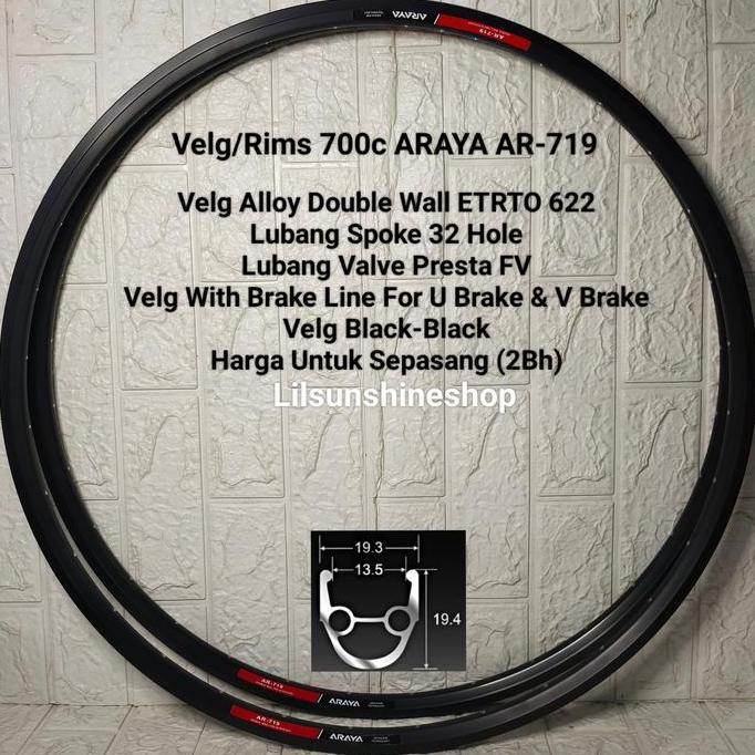 Velg Rim 700c ARAYA 32H AR719 Double Wall Brake Line FV Full BLACK Rims 700 Sepeda Roadbike Fixie Ju