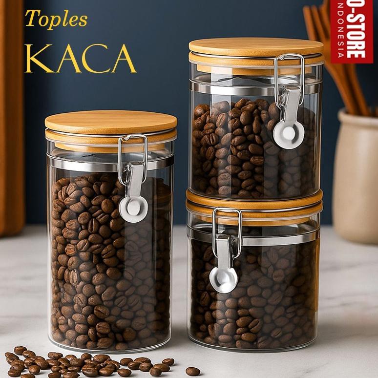 Toples Kedap Udara Toples Kaca Dan Tutup Kayu Dan Seal Toples Kopi Gula Teh Coffee Canister Glass St
