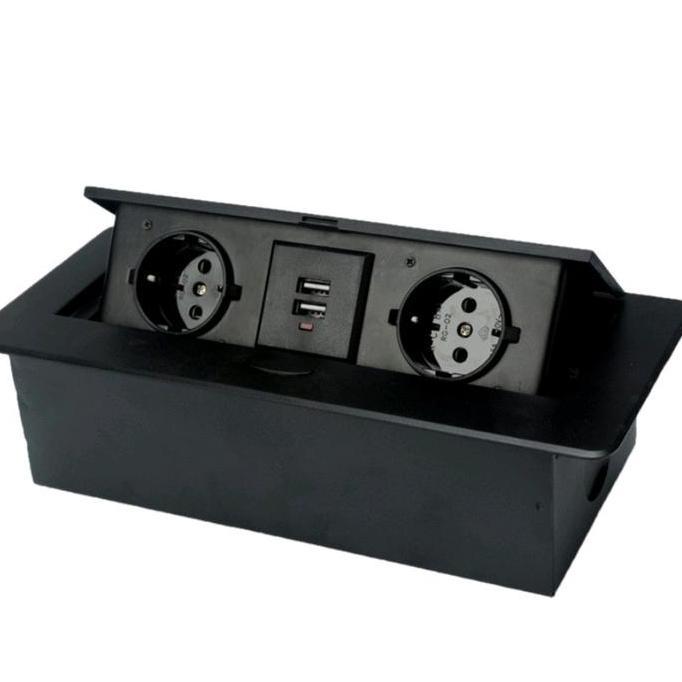Promo Stop Kontak Meja Tanam 2 Lubang + USB Charger Hitam Diskon
