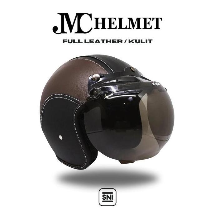 Helm Bogo Retro Cokelat Tua Full Leather/Kulit Kaca Polos Biasa SNI Pria/ Wanita