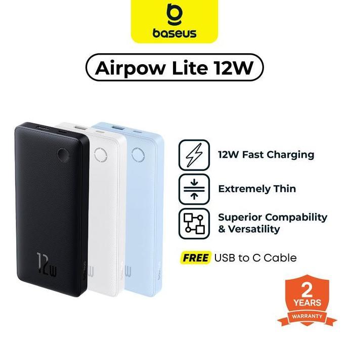 Baseus Powerbank Airpow Air Lite 10000mAh | 12W PD | Input Type C & Output Type C & USB | Ultrathin 