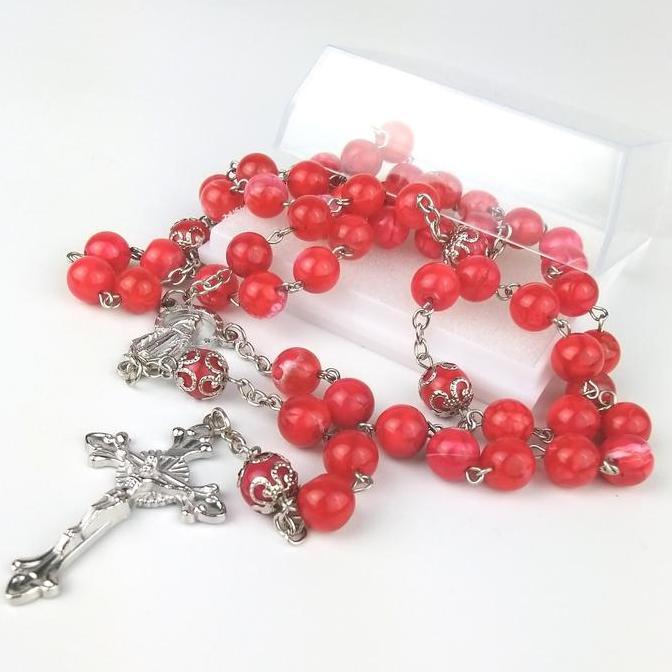 ] Rosario Kalung Manik Batu Bulat Polos 8mm Harces Salib Logam Merah