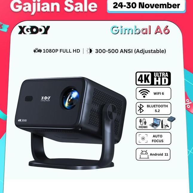 Xgody Gimbal A6 Smart Proyektor 10P 4K Decoding Ansi Lumens Android 11