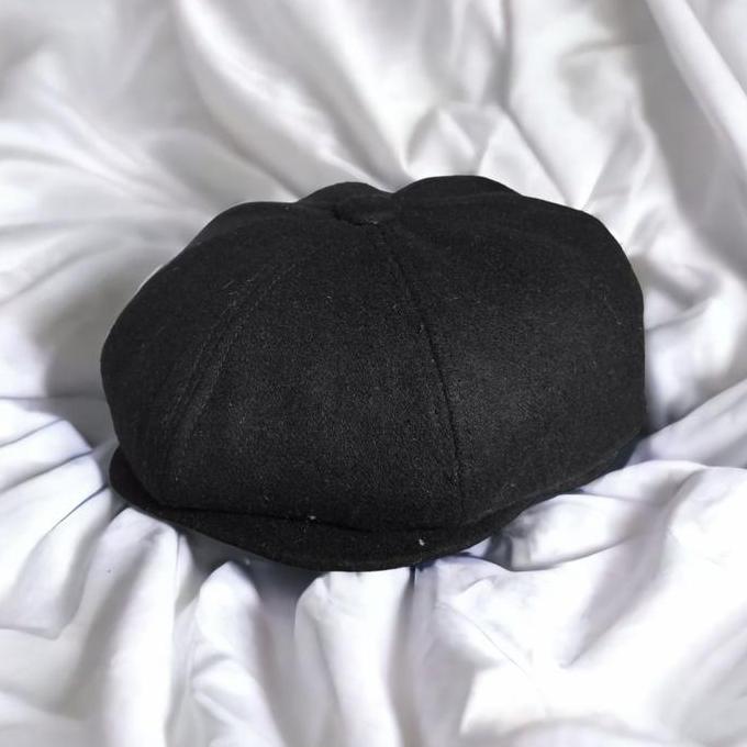 Topi gatsby hat newsboy cap pita premier wool Hitam