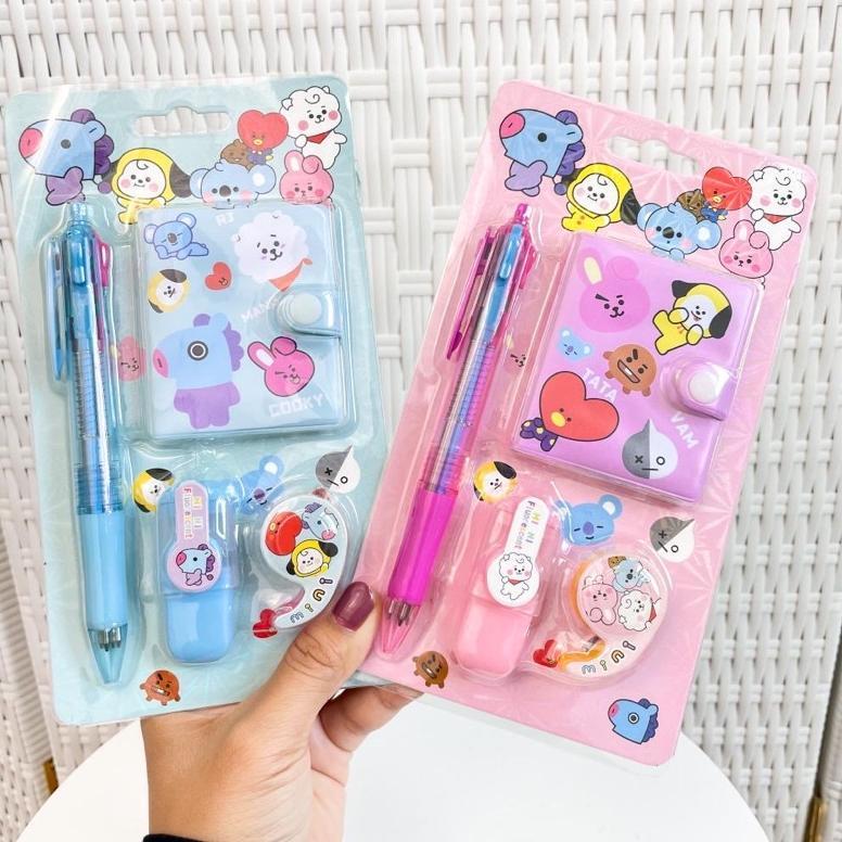 1 Set Alat Tulis 4In1 Buku Pulpen Highlighter Tape Bts Notebook Bt21 Murah New