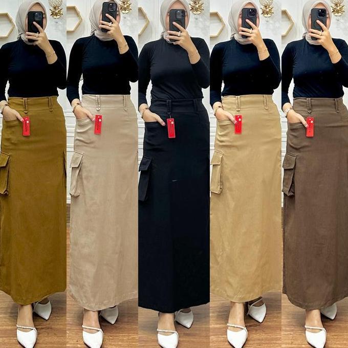 Rok Kargo Model Payung Wanita Bahan SoftJeans Premium Adem Tebal dan Melar Panjang Karet dengan Saku