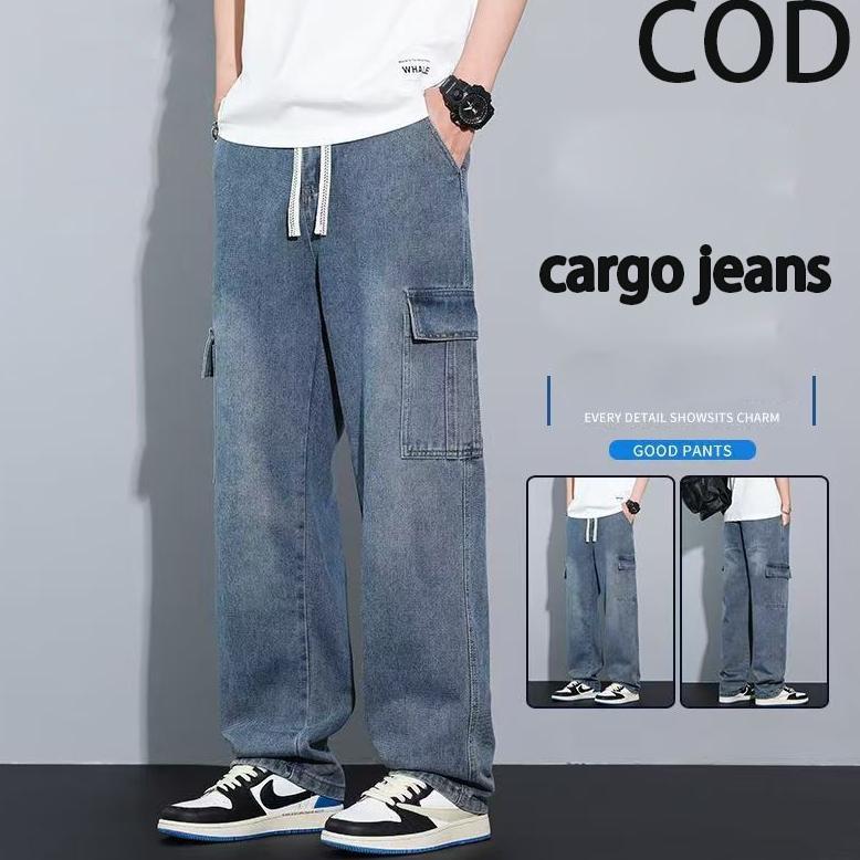 Celana Cargo Jeans Panjang Pria Reguler Standar Korean Loose Fit Cargo Gombrong Jeans Pria