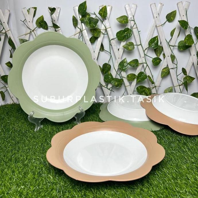 [6 & 12 pcs] Piring Bunga Asia Pacific Plastik Tebal Hijau Coklat 10 inch Besar |  Piring Sajian Mak