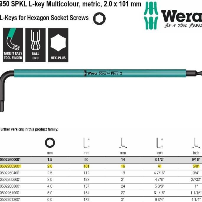 Wera Kunci L Hex-Plus Metric 2.0 x 101 mm Wera 05022602001 L-Key Multicolour dengan Bantalan Plastik