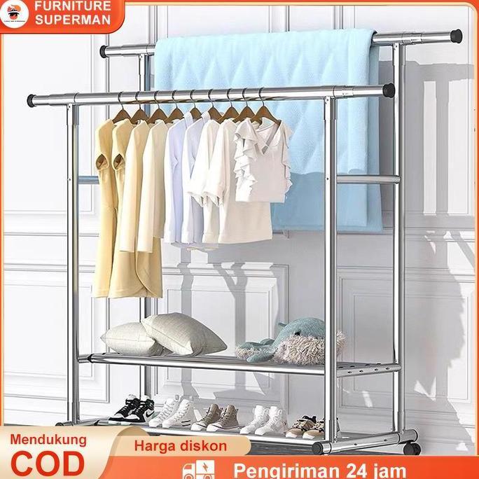 Rak Gantungan Baju Berdiri Stainless Steel Tebal Jemuran Baju Stainless Jemuran baju Dobel Pool Roda