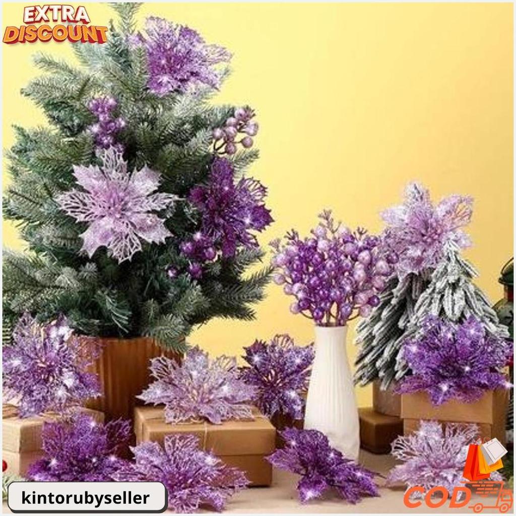 Aksesoris Ornamen Natal Serba Ungu/Purple Bola Pita Bunga Artificial Boneka Hiasan Dekorasi Xmas Gan