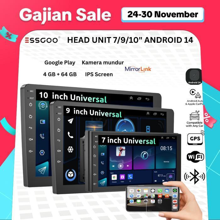 Essgoo Head Unit Android 14 Mobil 4G+64G  7/9/10 Inch 2 Din Kontrol Suhu Cerdas Ips Layer Mobil Navi