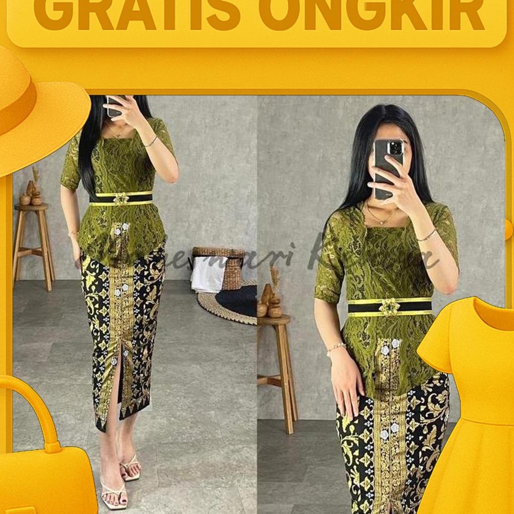 Kebaya Bali Set Brukat Bianca Hijau Army