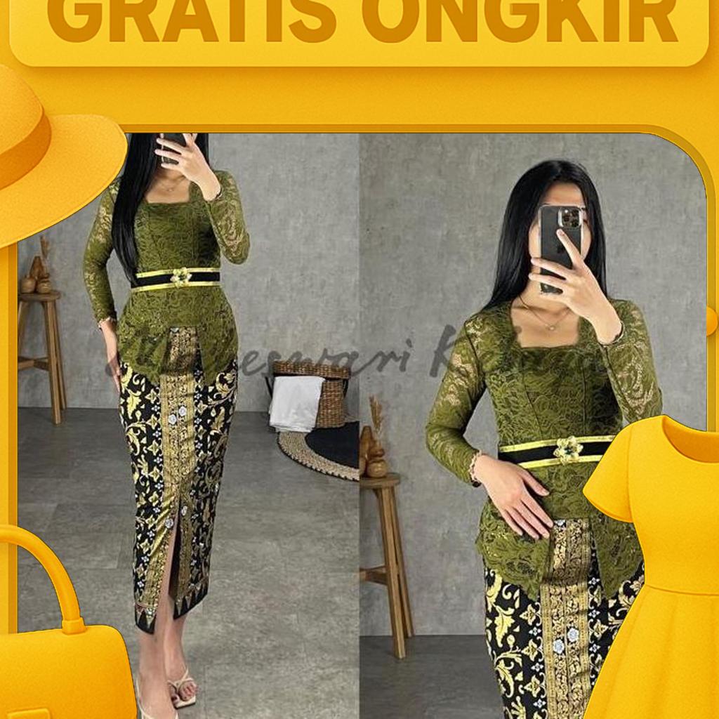Kebaya Bali Set Brukat Panjang Hijau Army