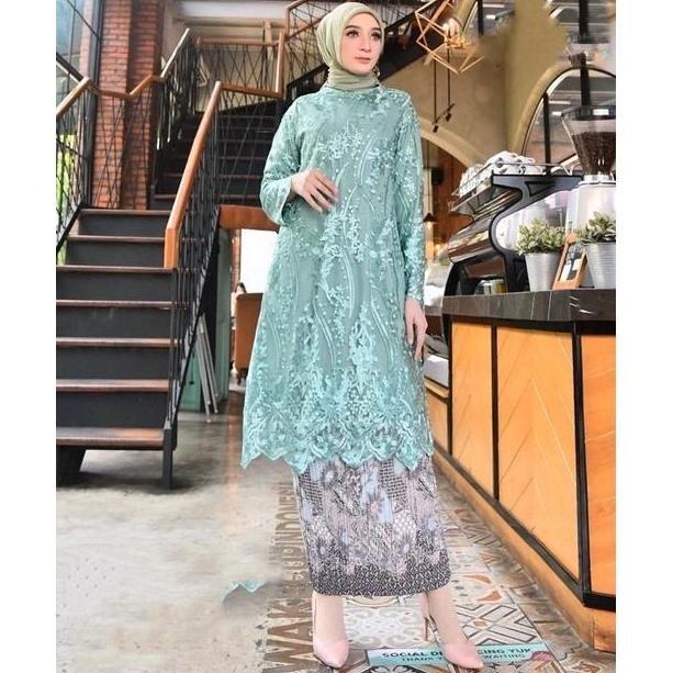 Baju Couple Kebaya Tunik Brukat Tulle Mutiara Set Rok Plisket Batik Wanita Semi Katun Silk Pasangan 