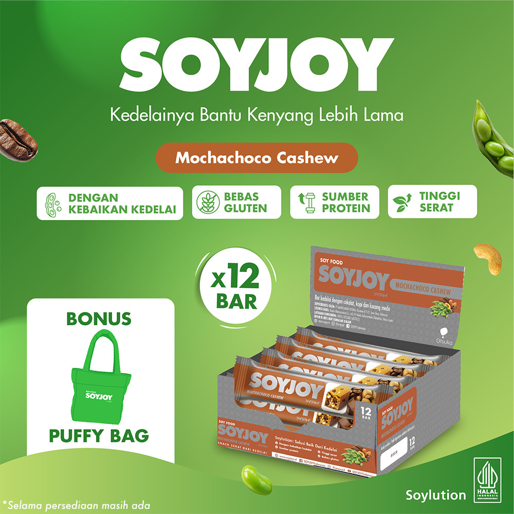 SOYJOY Snack Bar Kedelai Mochachoco Cashew 12 Bar - BONUS SOYJOY Puffy Bag