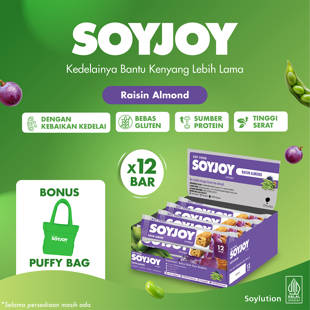 SOYJOY Snack Bar Kedelai Raisin Almond 12 Bar - BONUS SOYJOY Puffy Bag
