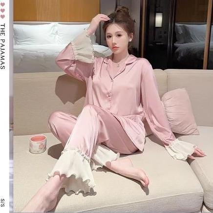 Set Piyama Baju Tidur Sutra Premium Mewah Wanita Dewasa Baju Setelan Panjang Sleepwear Bahan Sutra H