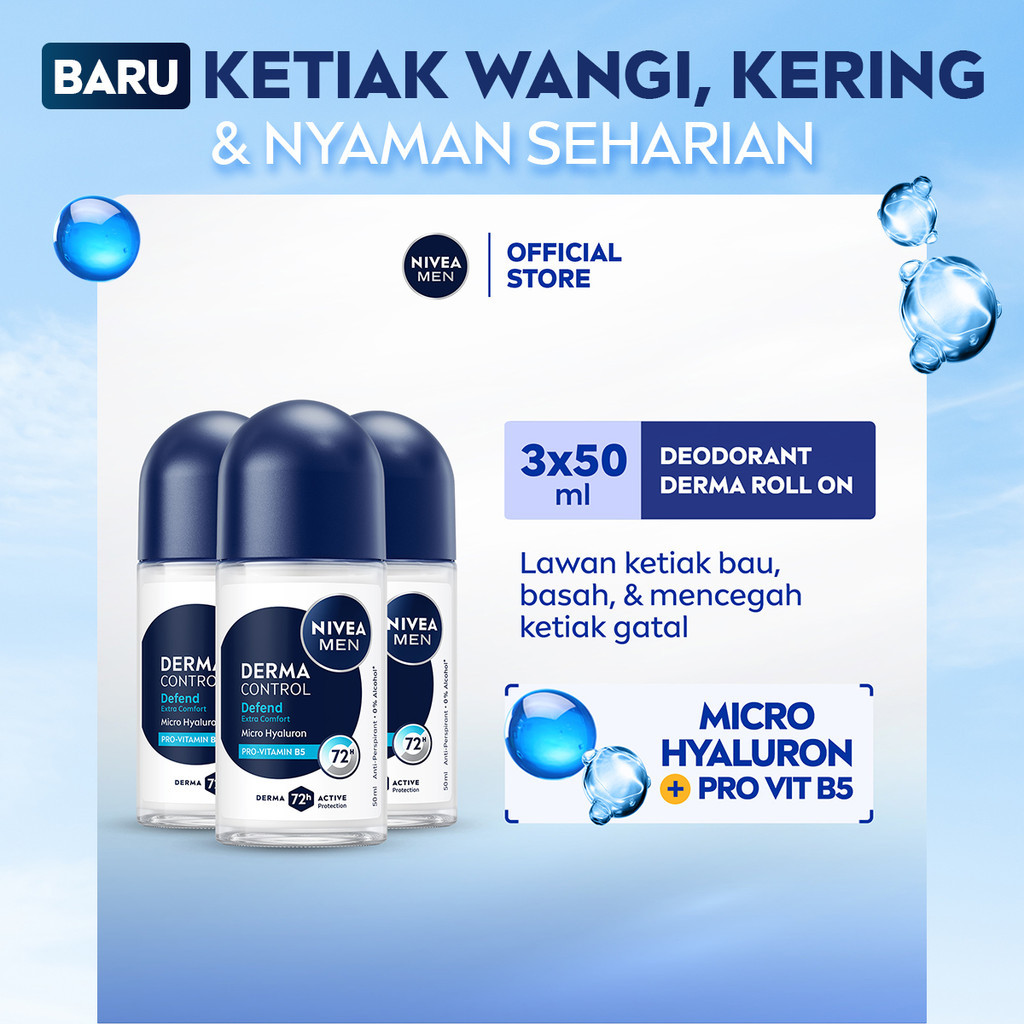 (PAKET HEMAT ISI 3) NIVEA MEN Deodorant Roll On Derma Control Defend 50ml - Deodoran pria skin barri