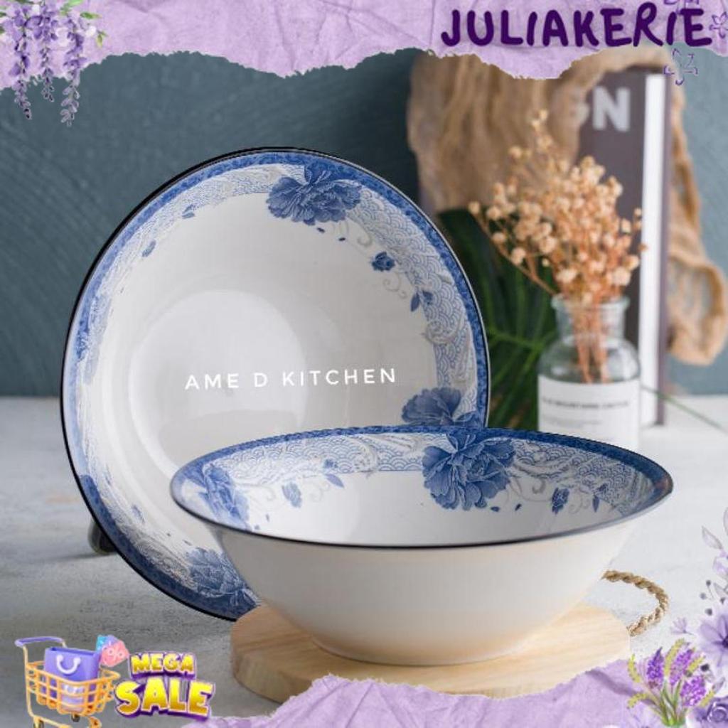 Unik Mangkok Bijian Keramik Bulat Besar 9"/ Mangkok Sayur Motif Bunga Biru