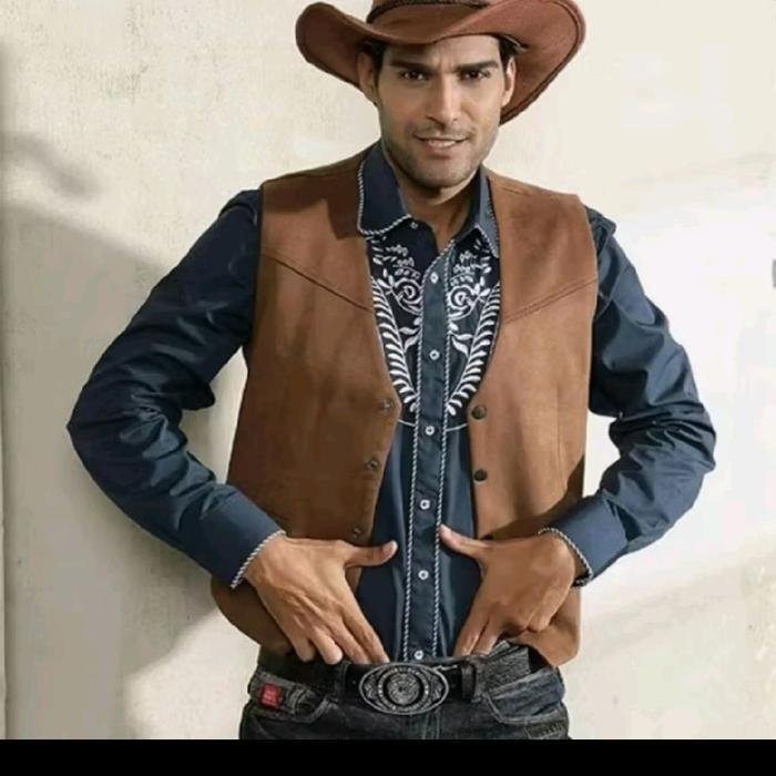 Almaelra Family Rompi Vest Cowboy Pria Bahan Katun Dril Size Xxxl Kantong Dalam Kancing Snap Hitam A