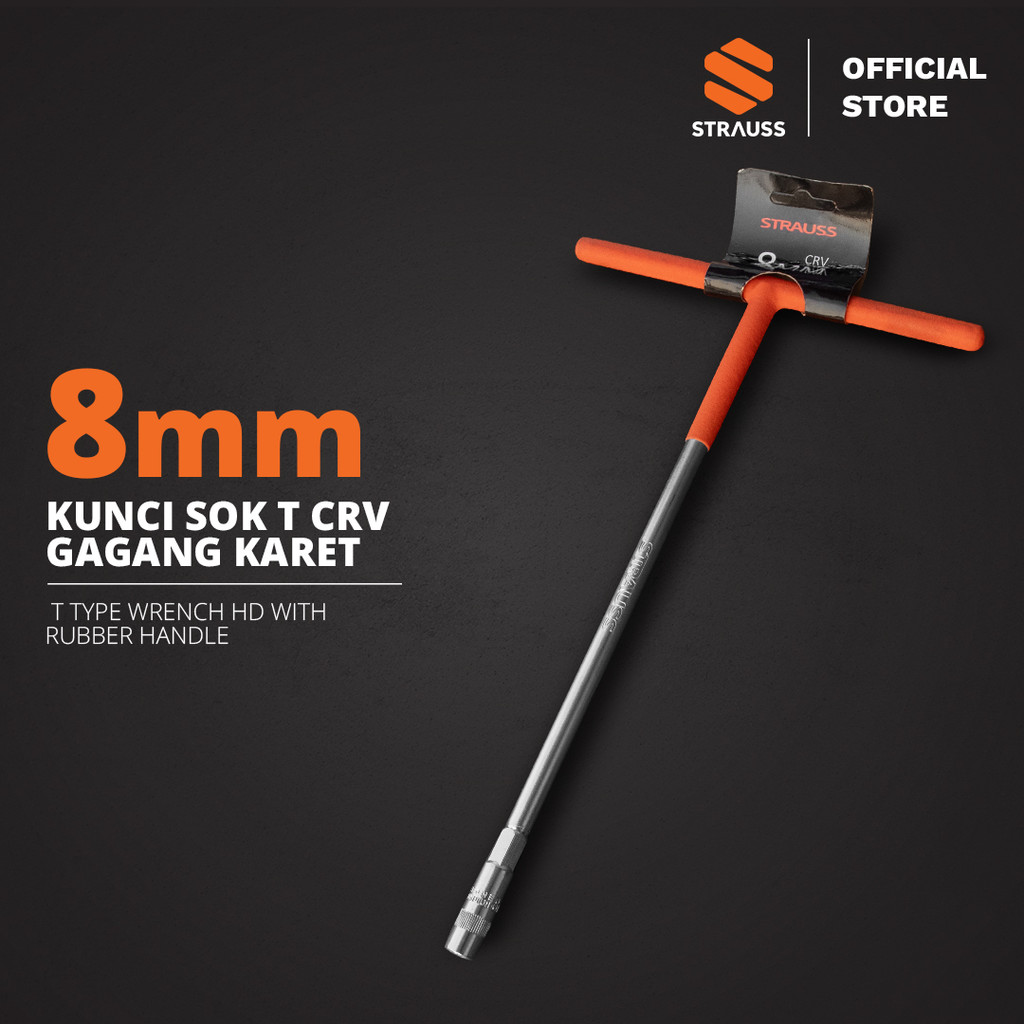 STRAUSS Kunci Sok T [8mm] Gagang Karet - Baut Sock Mata | Material CR-V Kuat Karet Anti Selip