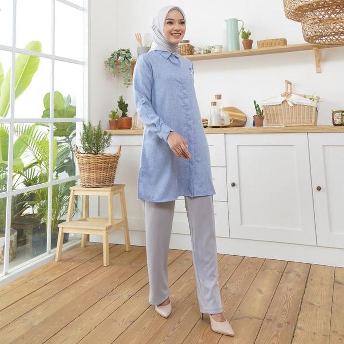 Promo Wulfi Atasan Kemeja Tunik Day To Day Katun Cotton Madinah Misty Blue Kantor Muslim Nyaman Panj