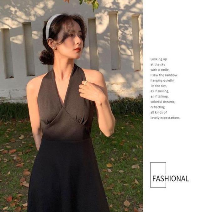 FOLADY - A078 Maxi Dress Wanita Ala Korea Style Import Dress Tanpa Lengan V - Neck Warna Hitam Dan P