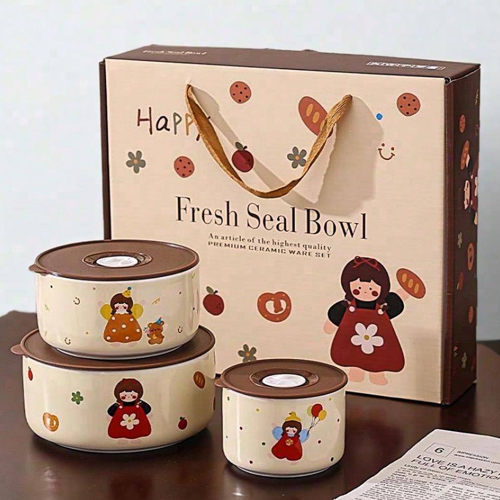 Three Piece Set Sealed Bowl Instant Noodle Bowl Microwave / 3 Pcs Set Mangkok Tutup Seal