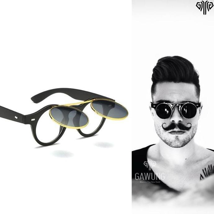 Kacamata Hitam Bulat Pria Retro Classic Vintage Sunglasses Model Antik Motor KCINTE Black Lensa Eyew
